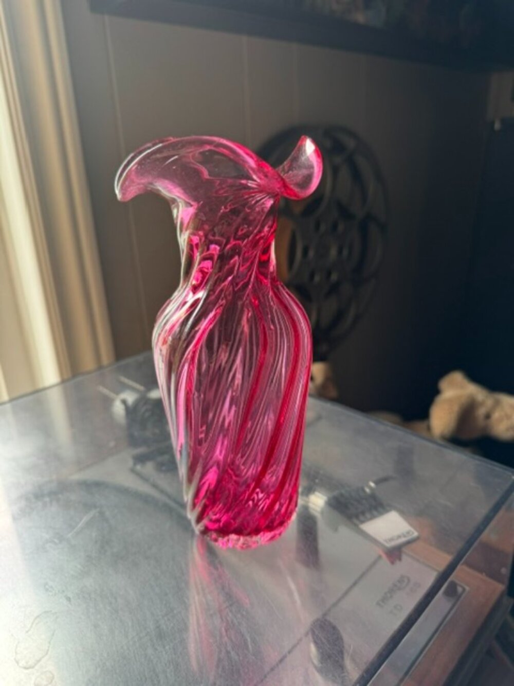 Vintage Cranberry Pink Art Glass Vase Swirl Optic Ruffled Rim Hand Blown